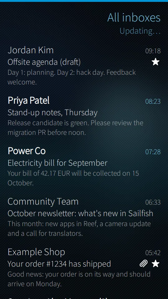 Shoal Mail on a Sailfish phone screen